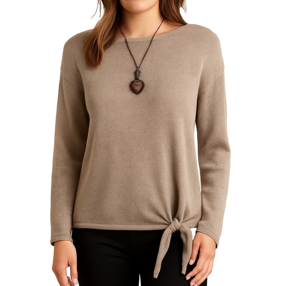 Pure Jill‎ Womens XS Petite Tan Cotton Wool Knit Sweater Long Sleeve Tie Hem Top - Picture 2 of 14